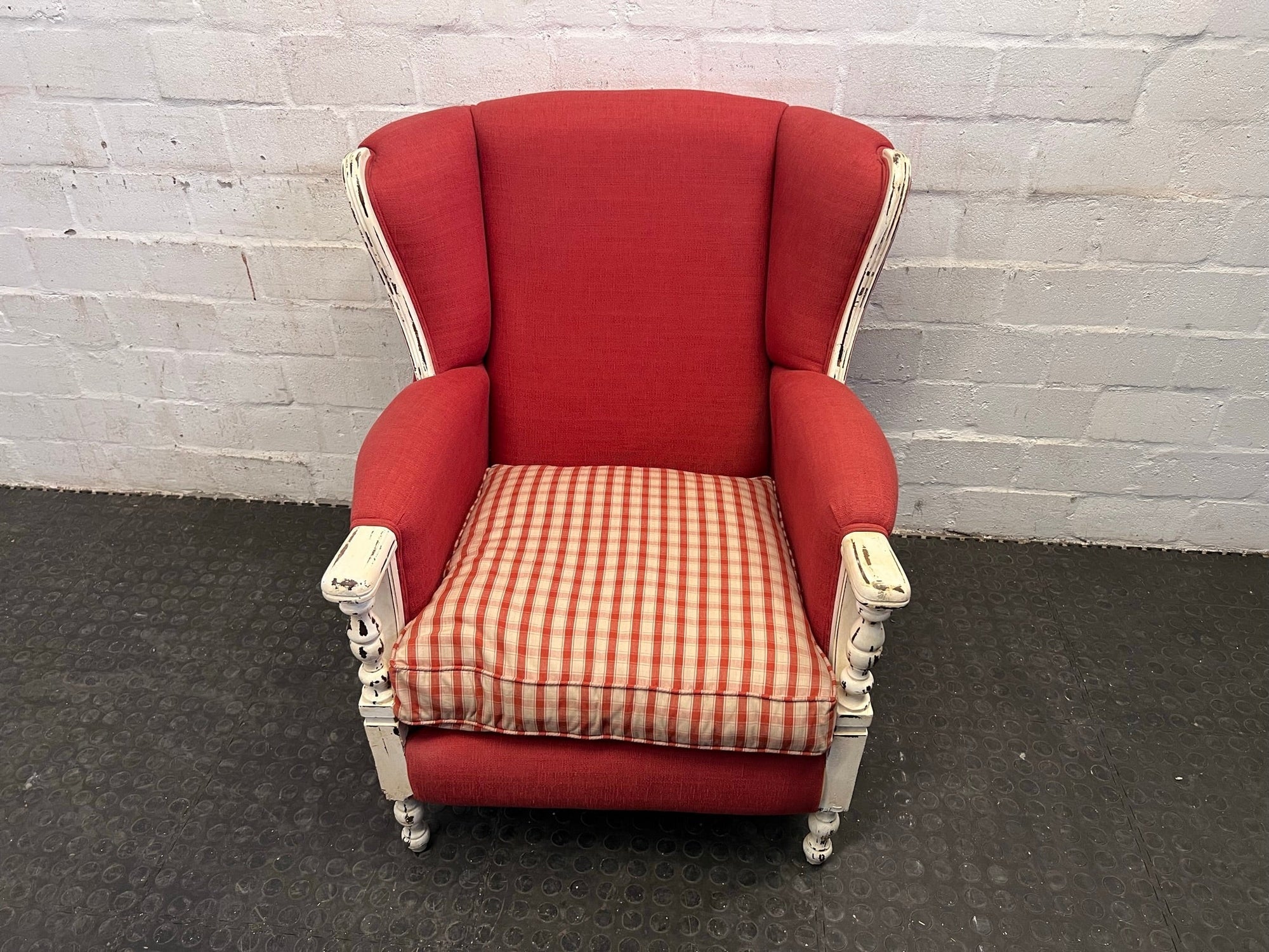 Red Fabric Arm Chair with Red and White Checkered Seat