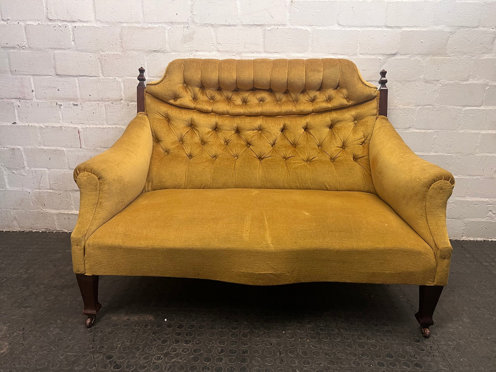 Mustard Velvet Wood Carved 2 Seater Couch - Small Fabric Damage