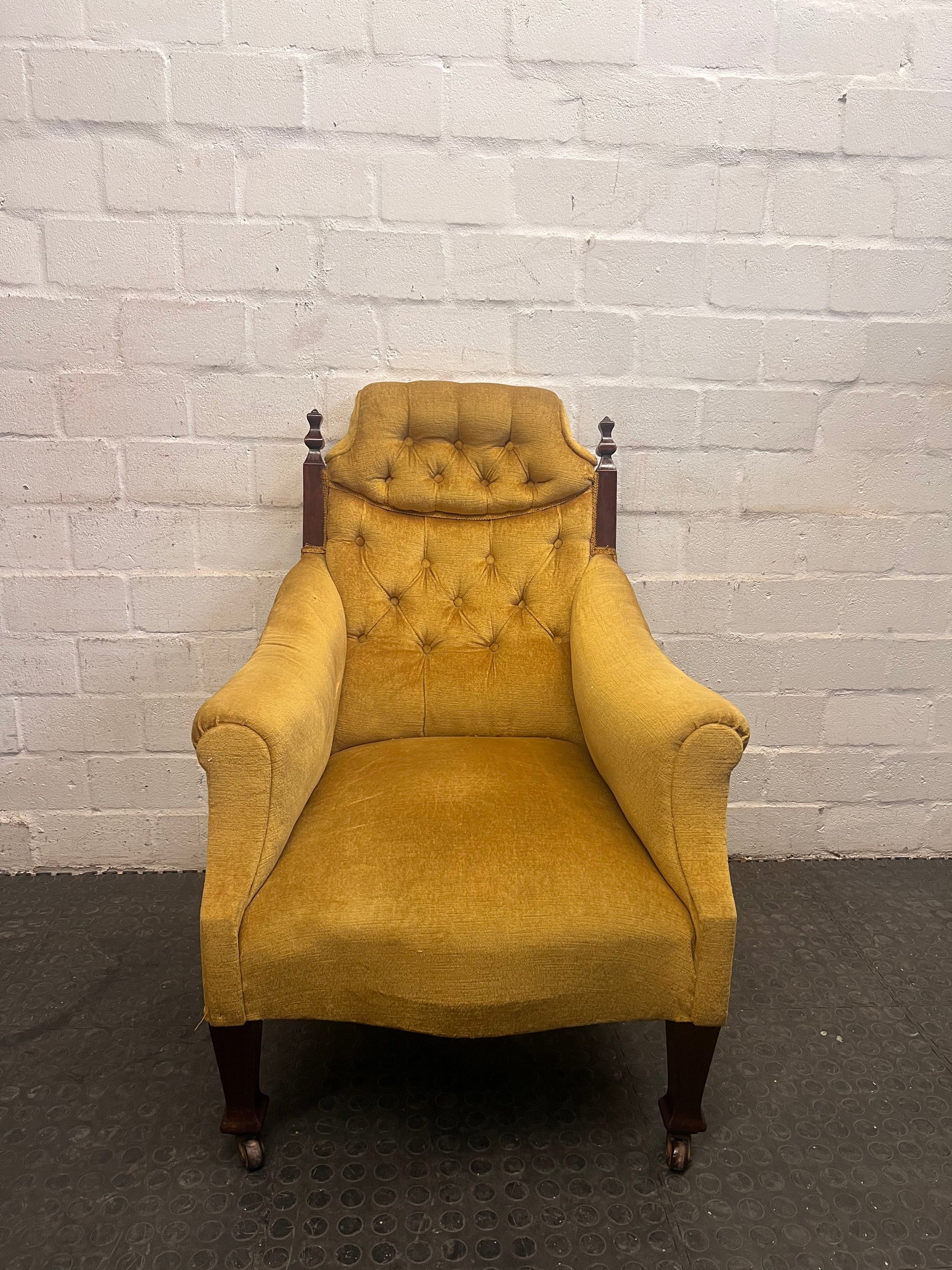 Mustard Velvet Wood Carved Arm Chair