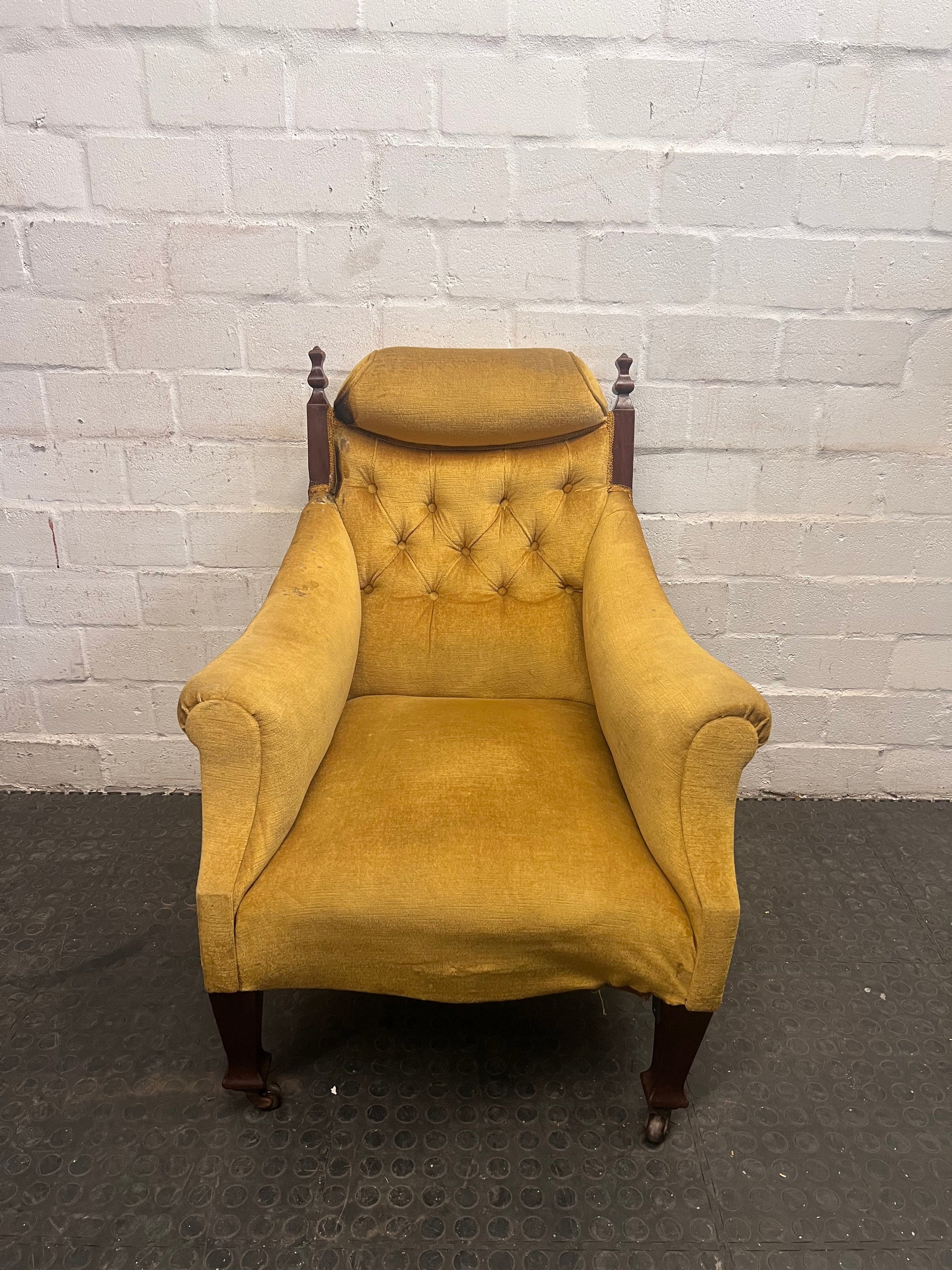 Mustard Velvet Wood Caved Arm Chair - Fabric and Leg Damage - REDUCED