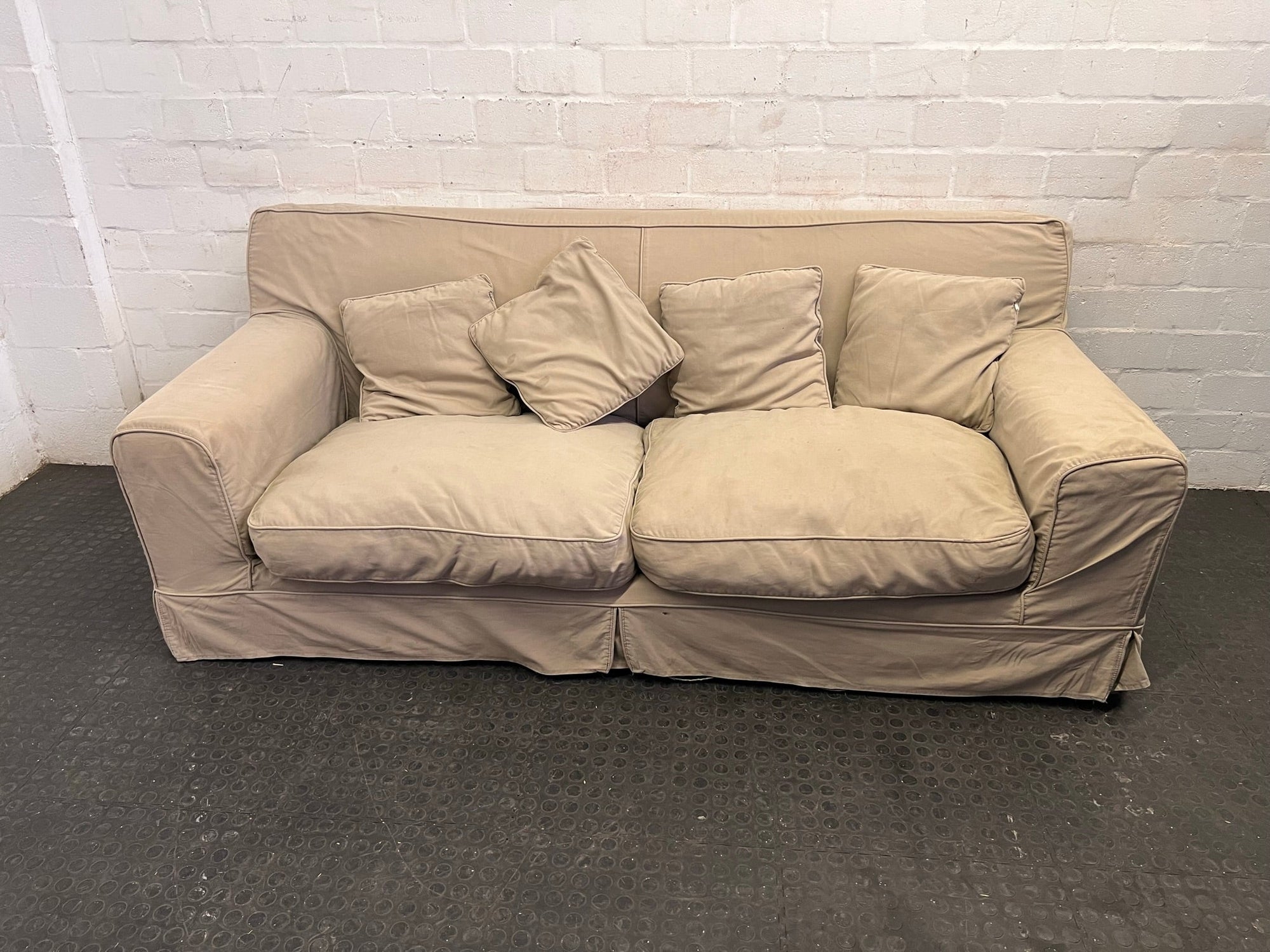 Tan Fabric Two Seater Couch with Slip Cover - REDUCED