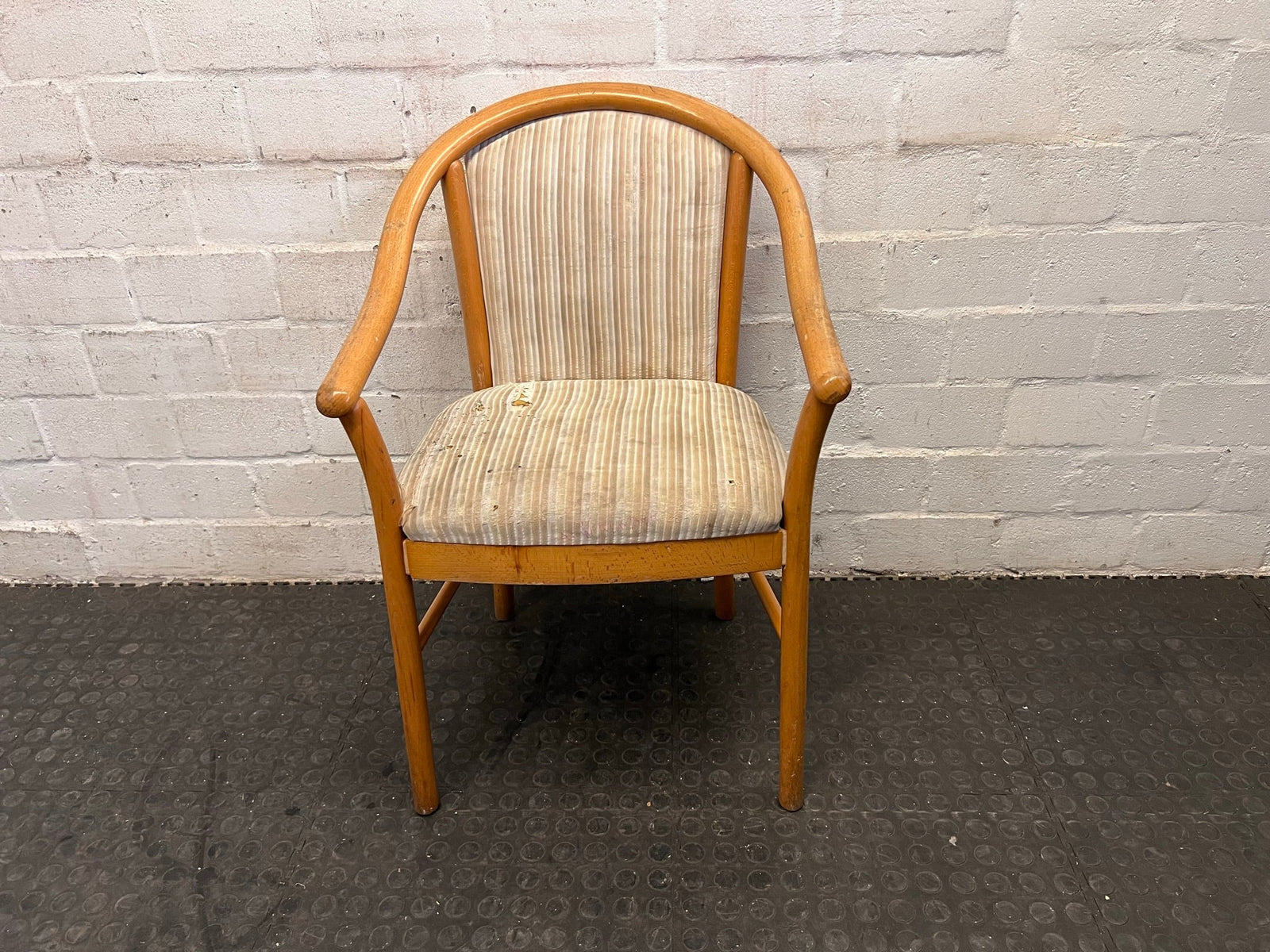 Wooden Framed and Striped Cushioned Arm Chair (Slight Tears in Seat) - PRICE DROP