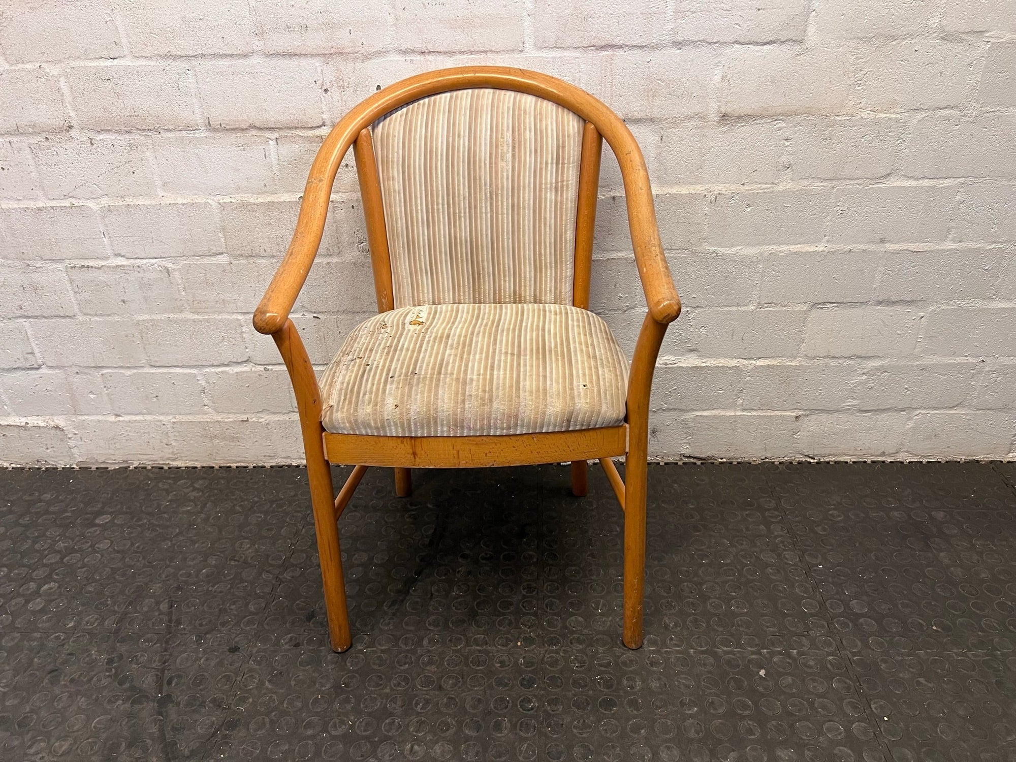 Wooden Framed and Striped Cushioned Arm Chair (Slight Tears in Seat)