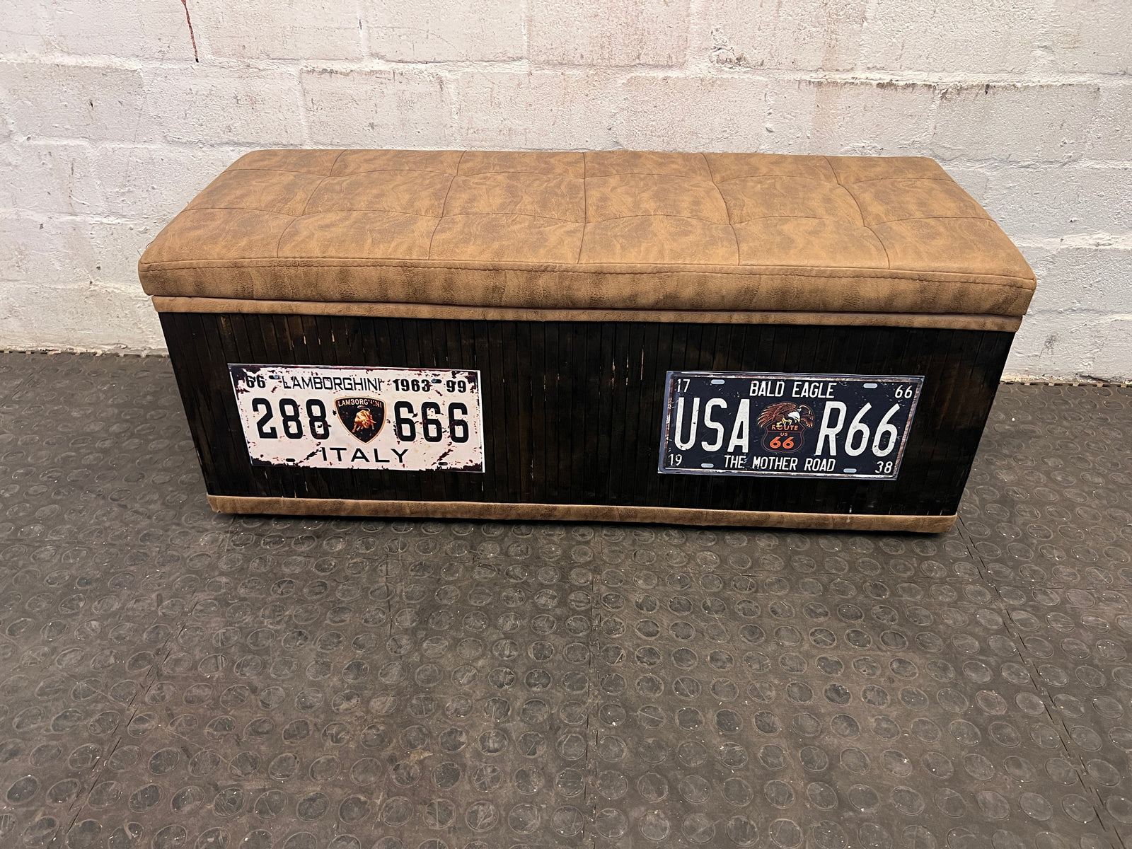 Wooden Storage Ottoman with Brown Cushioning