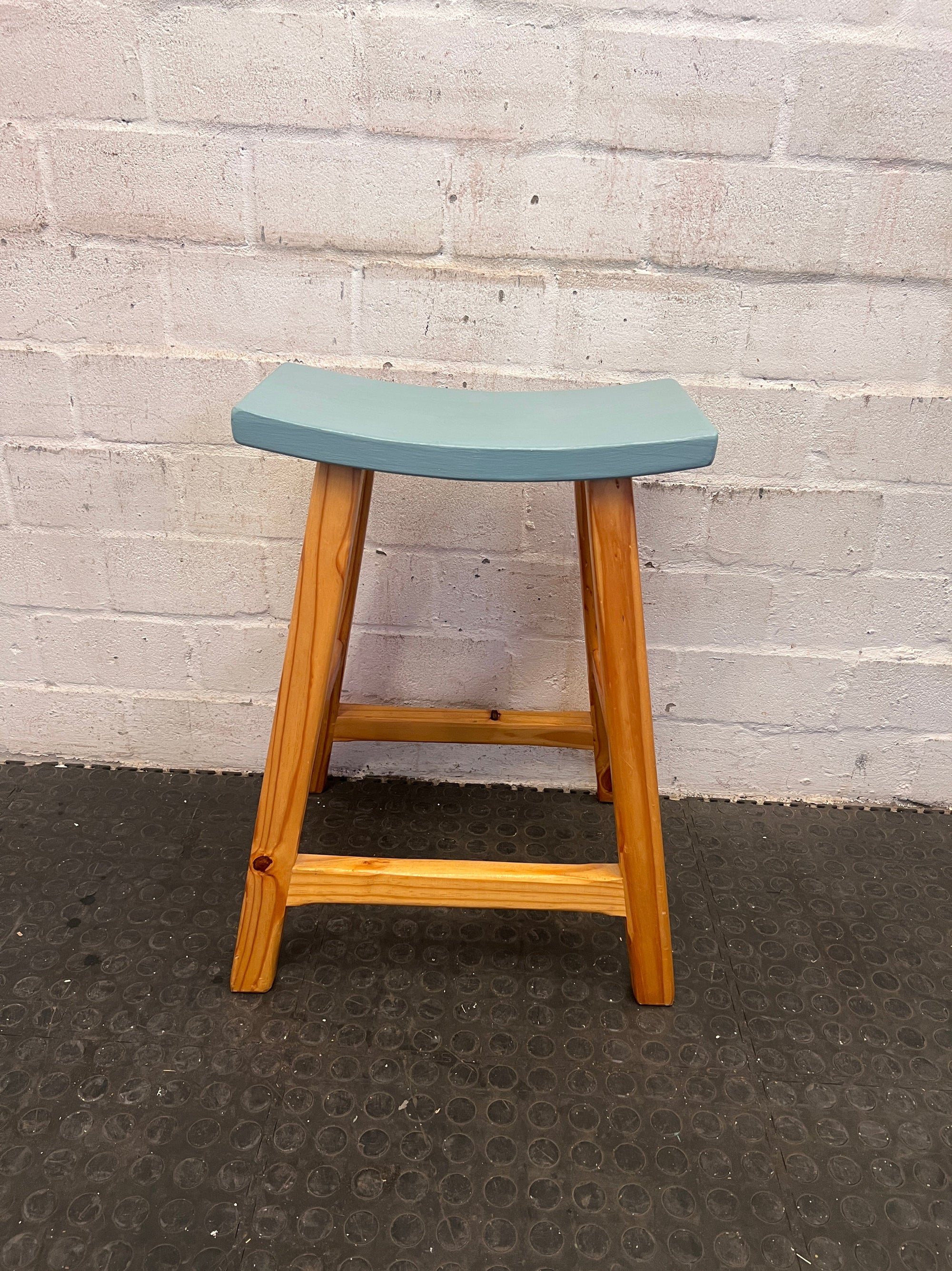Wooden Stool with Blue Seat