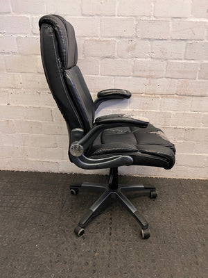 Black Padded Office Armchair on Wheels (Peeling Pleather)