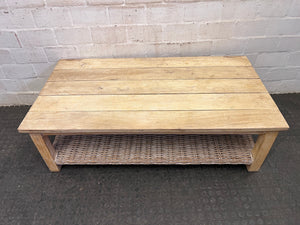 Wooden Coffee Table with Wicker Shelf