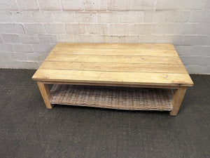 Wooden Coffee Table with Wicker Shelf - REDUCED
