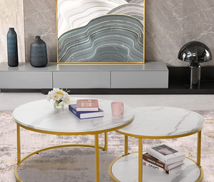 Recoverable Nesting Coffee Tables- 2 Pack Rounded Marble Top White / Gold Colours -