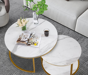 Recoverable Nesting Coffee Tables- 2 Pack Rounded Marble Top White / Gold Colours -