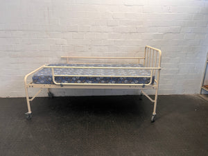 Adjustable Hospital Single Bed with Blue Floral Mattress and Cot Sides on Wheels (Pilling)