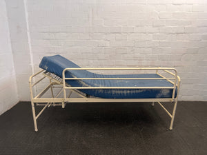 Adjustable Hospital Single Bed with Blue Mattress and Cot Sides (Torn/Stained)