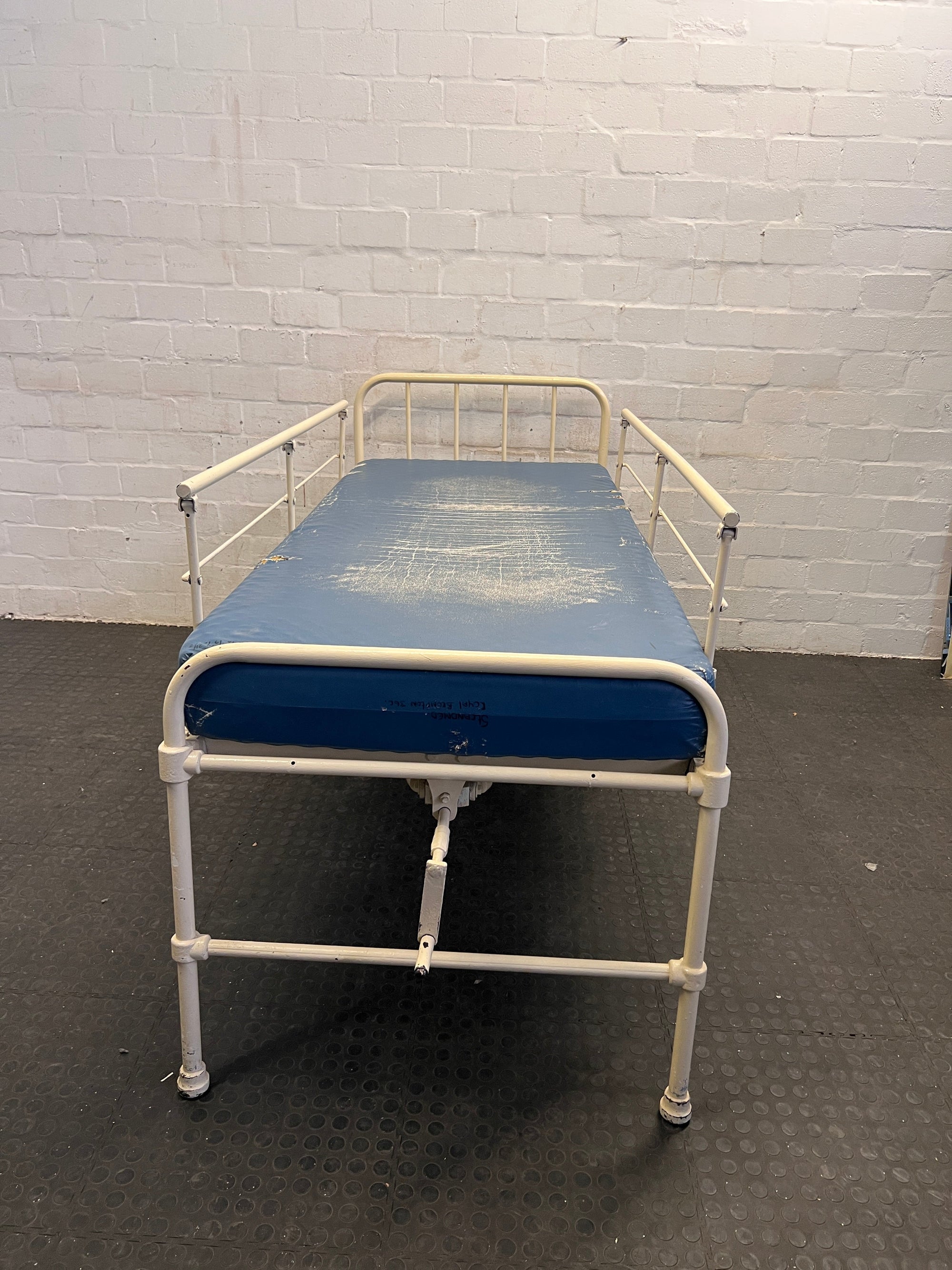 Adjustable Hospital Single Bed with Blue Mattress and Cot Sides (Faded/Torn Mattress)