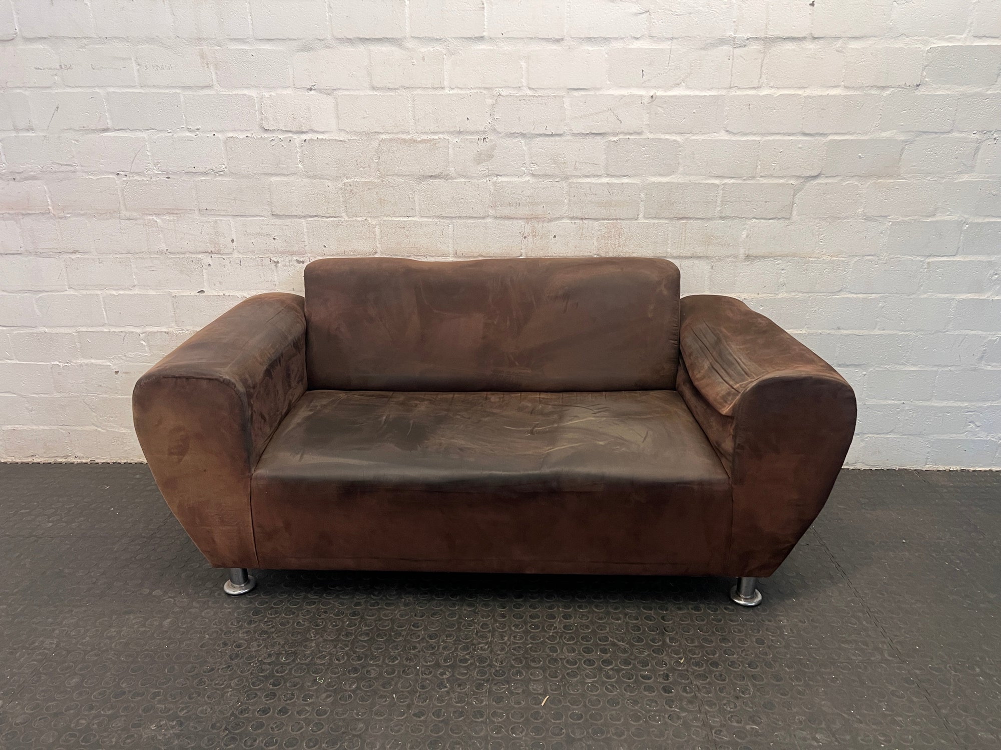 Brown Fabric Two Seater Couch (Broken Armrest/Wear)