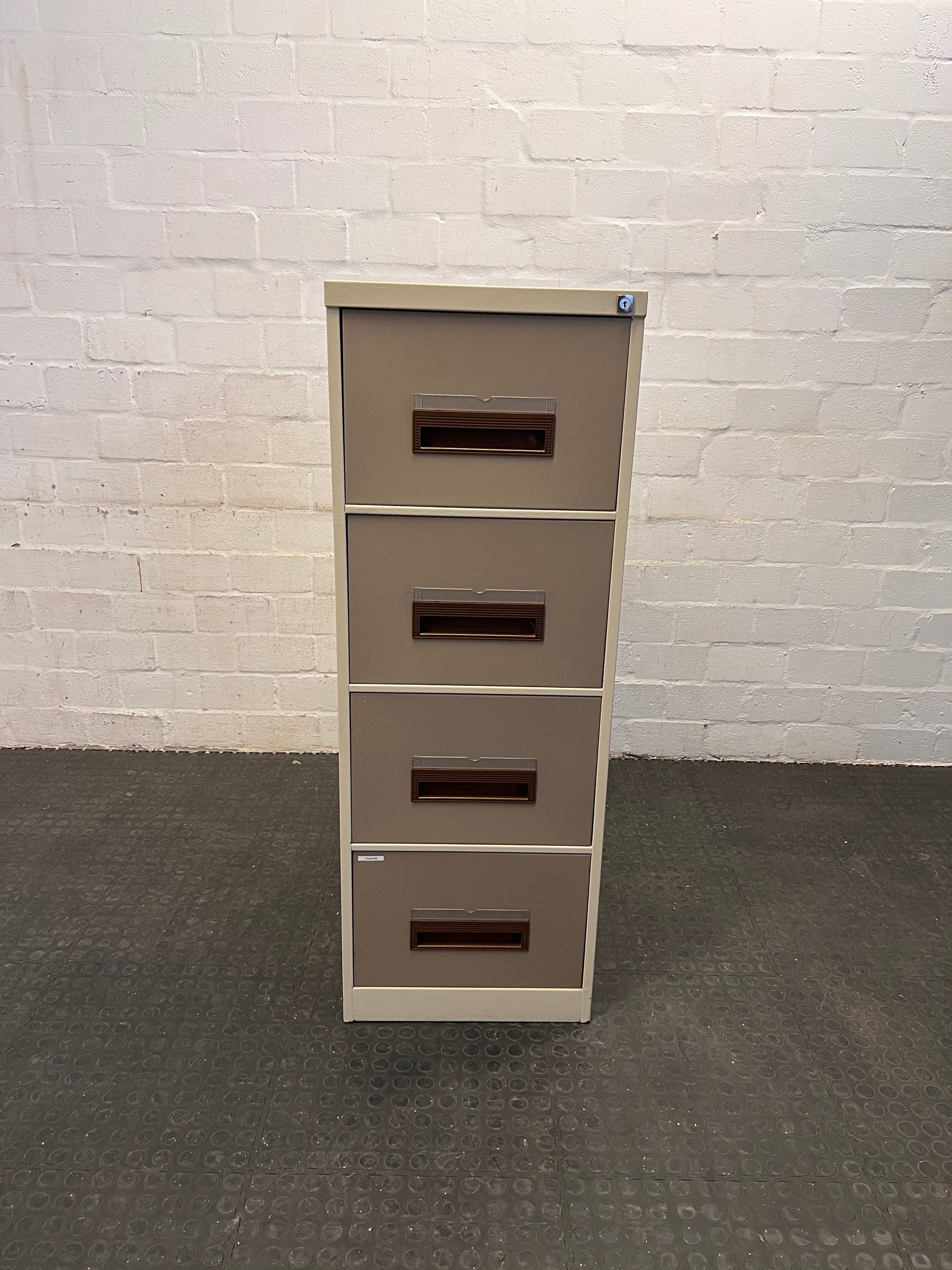 Beige and Brown Four Drawer Filing Cabinet