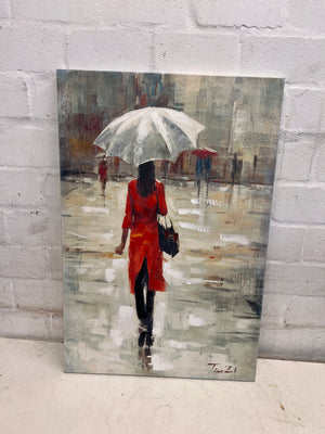 Girl with Red Jacket in the Rain Canvas Artwork
