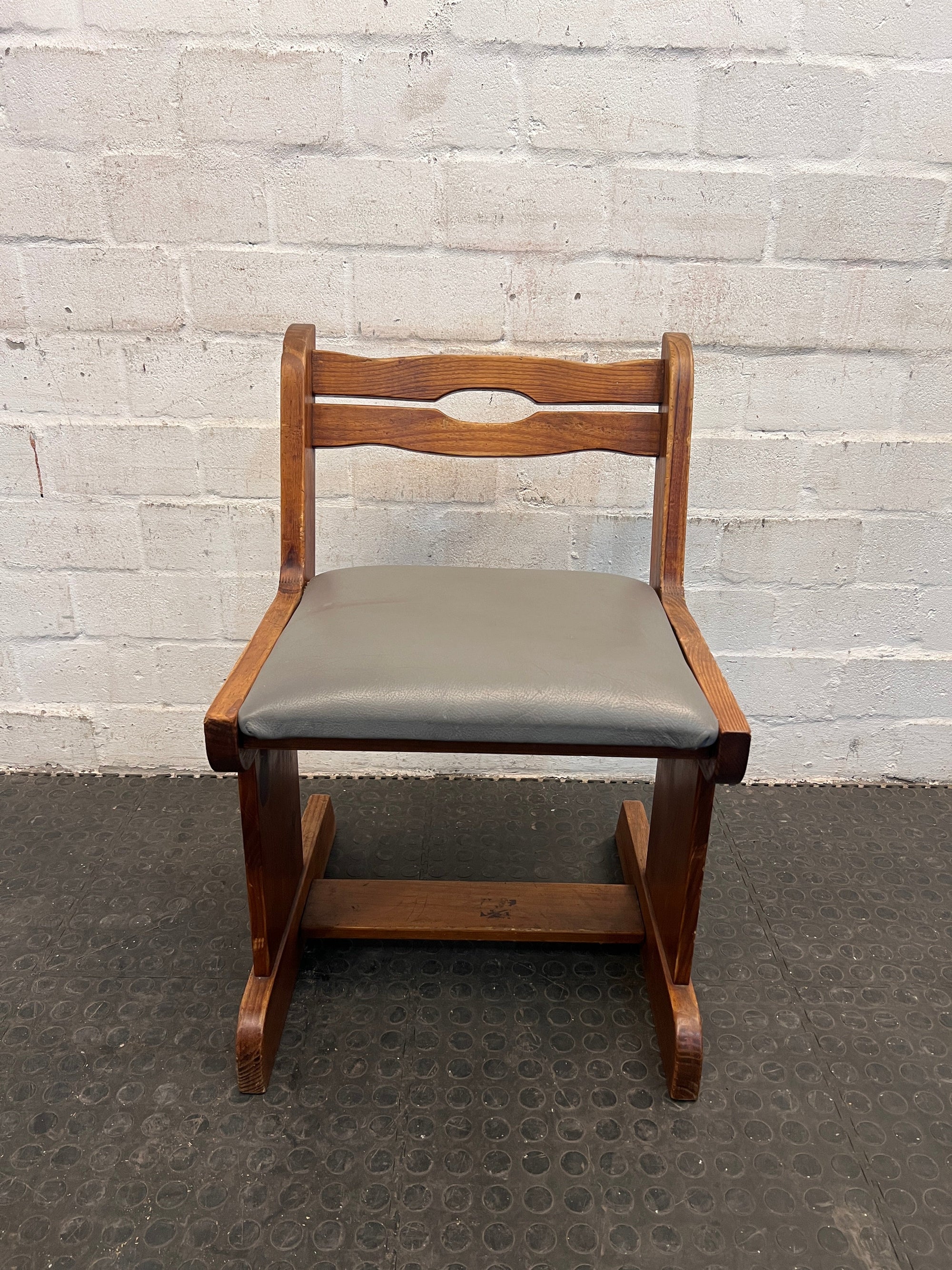 Vintage Hardwood Dining Chair with Grey Leather Cushioned Seat