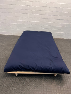 Dark Blue Covered Futon with Wooden Platform