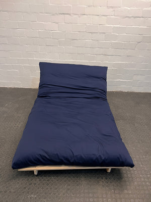 Dark Blue Covered Futon with Wooden Platform