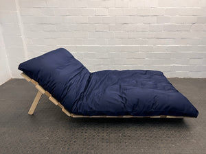 Dark Blue Covered Futon with Wooden Platform