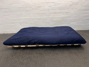 Dark Blue Covered Futon with Wooden Platform