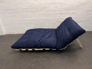 Dark Blue Covered Futon with Wooden Platform