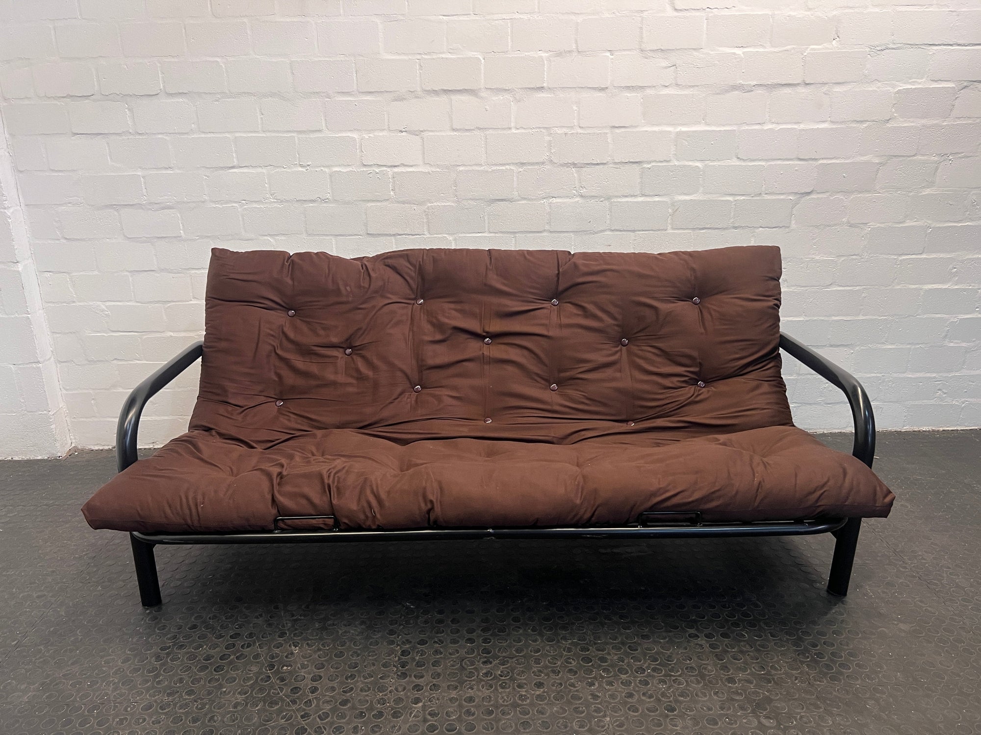 Black Steel Framed Sleeper Couch with Brown Futon Mattress - REDUCED