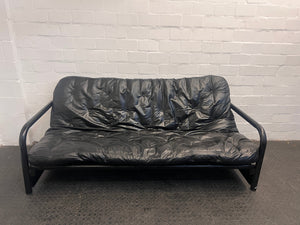 Black Pleather Steel Framed Sleeper Couch (Converts to Double Bed)