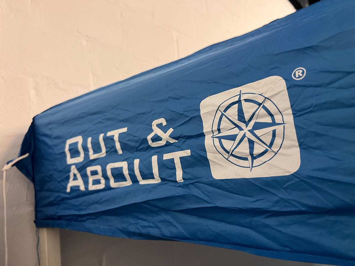 Out & About Blue and White Gazebo (Repaired Leg) - 2ndhandwarehouse.com