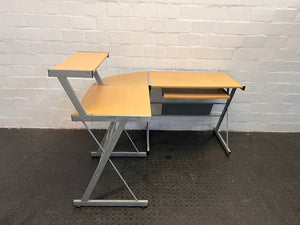 Light Wood Print Steel Framed L-Shaped Desk with Keyboard Tray and Printer Shelf