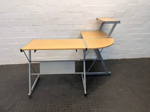 Light Wood Print Steel Framed L-Shaped Desk with Keyboard Tray and Printer Shelf