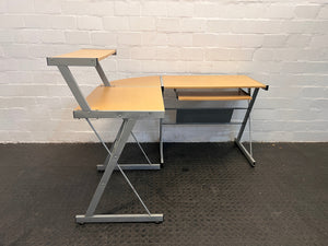 Light Wood Print Steel Framed L-Shaped Desk with Keyboard Tray and Printer Shelf