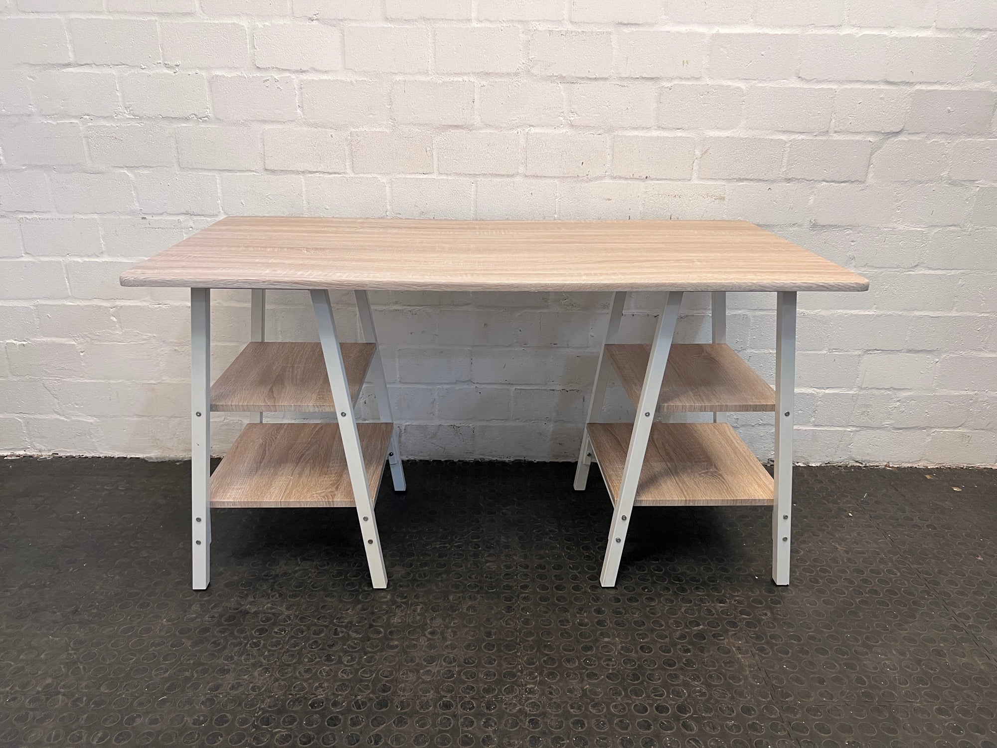 Light Wood Print Office Desk with Steel Legs and Shelves