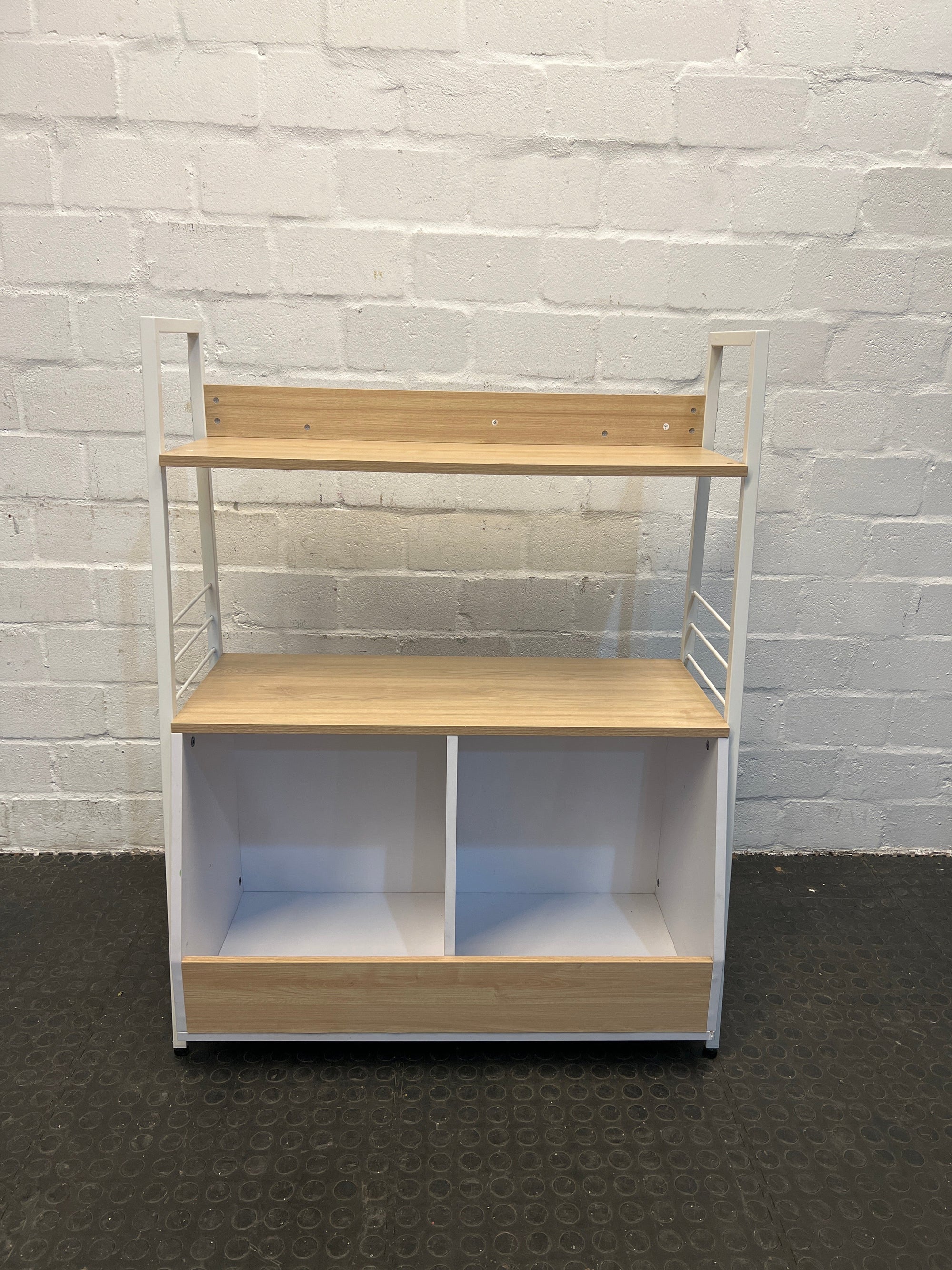 Wooden Display Shelf with White Steel Frame