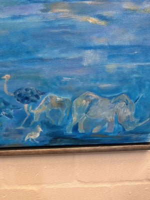 Blue Serene Animal and Table Mountain Painting 105 x 75cm