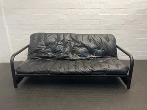 Black Pleather Steel Framed Sleeper Couch (Converts to Double Bed, Cracked Pleather and Rewelded