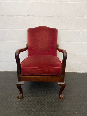 Vintage Red Velvet Ball and Claw Chair