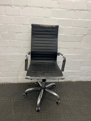 Stainless Steel Office Chair with Peeling Leather on Seat (Poor Condition)