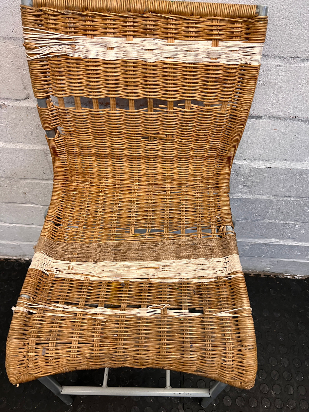 Brown Wicker Chair with White Striped Mesh and Rope Tied Seating