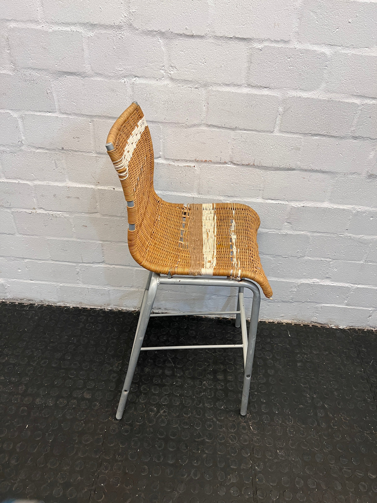 Brown Wicker Chair with White Striped Mesh and Rope Tied Seating