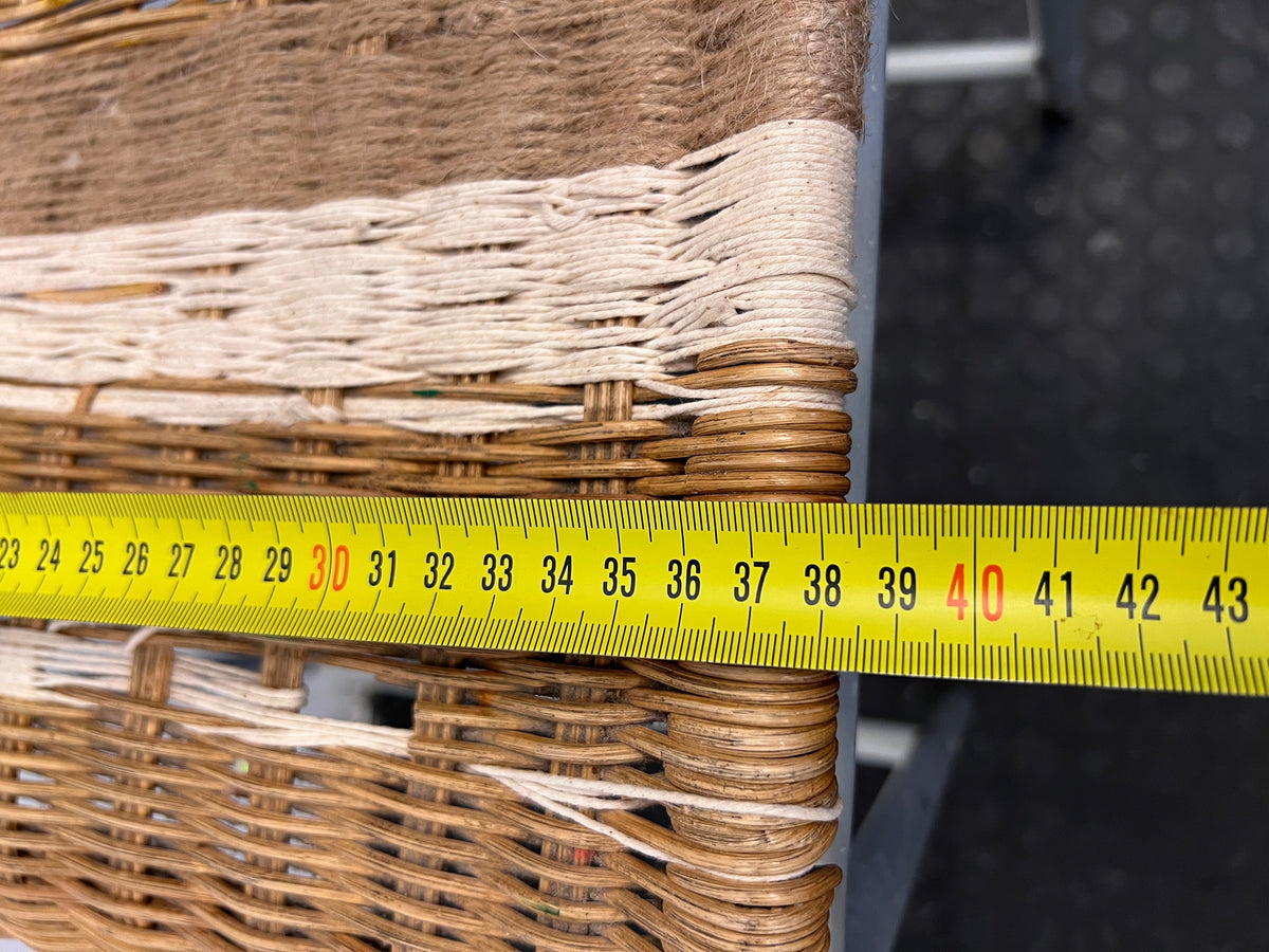 Brown Wicker Chair with White Striped Mesh and Rope Tied Seating