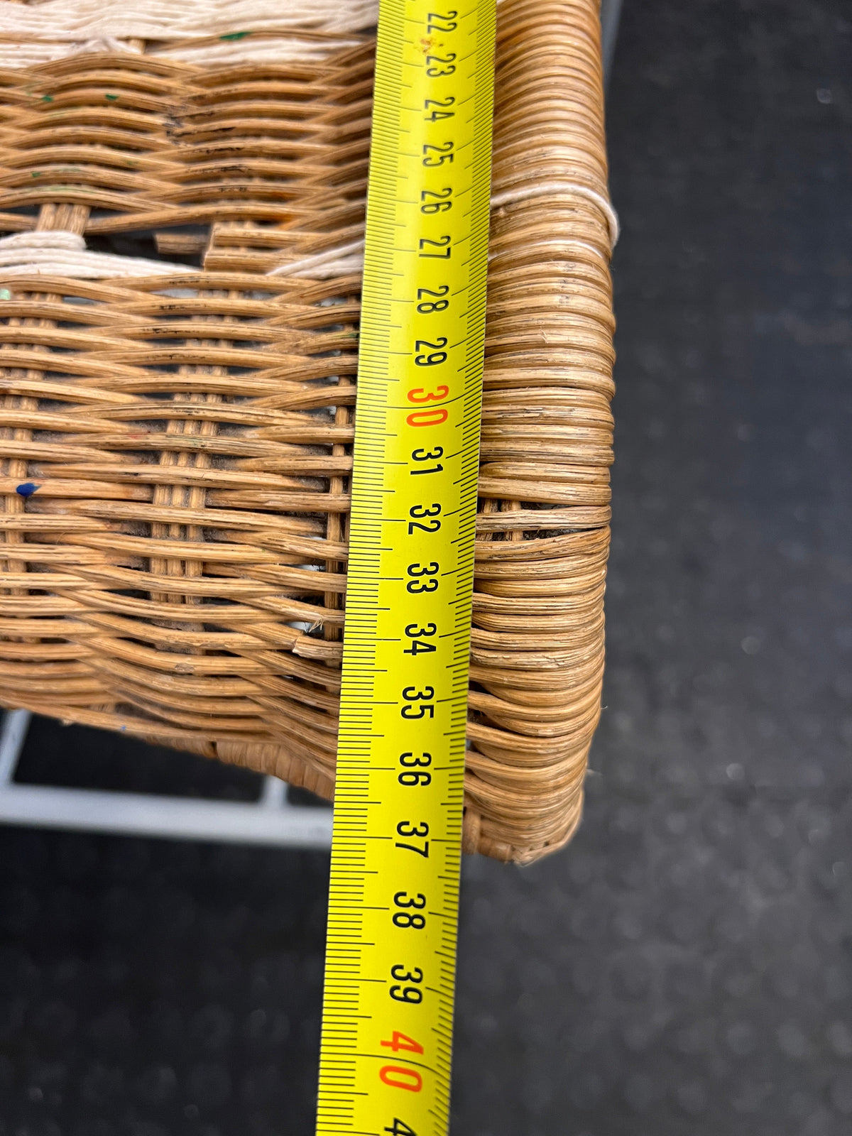 Brown Wicker Chair with White Striped Mesh and Rope Tied Seating
