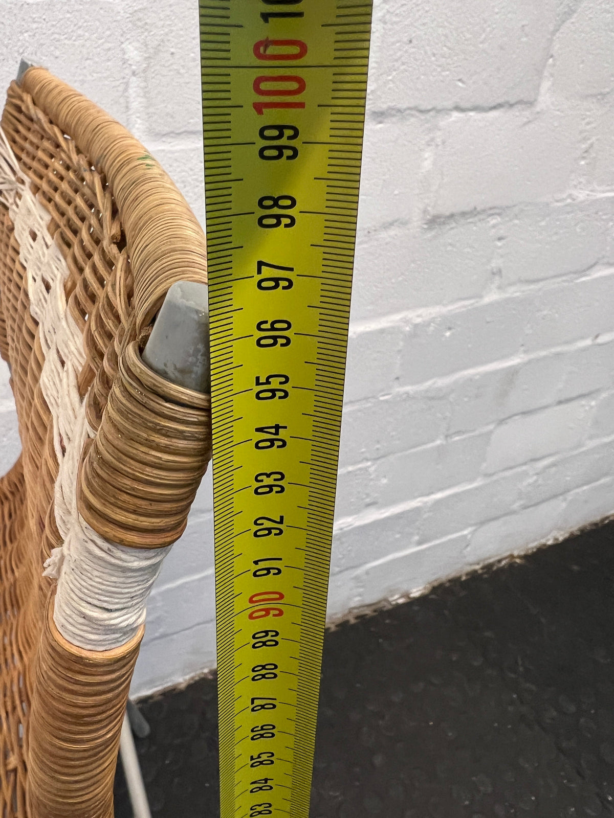 Brown Wicker Chair with White Striped Mesh and Rope Tied Seating