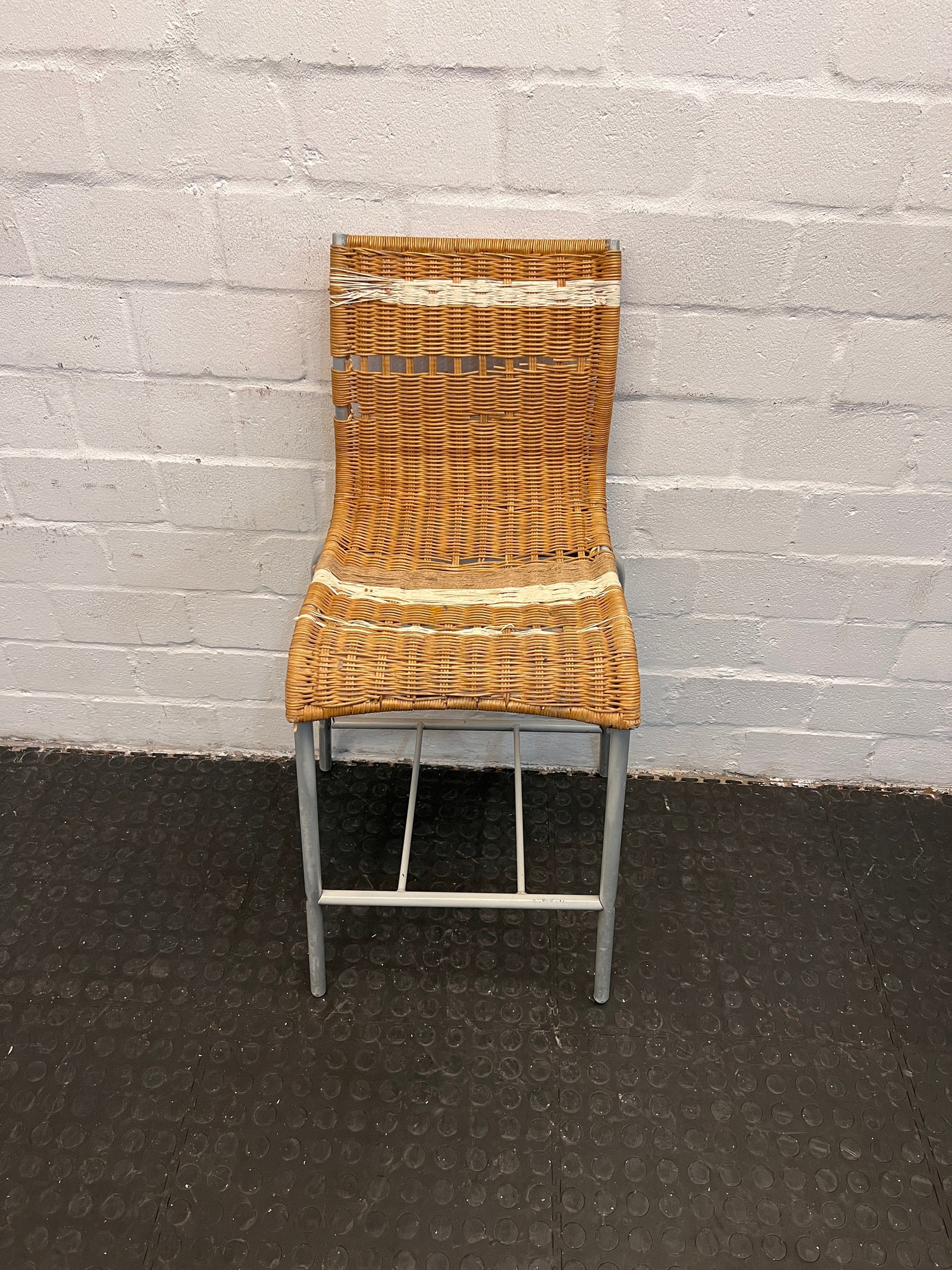 Brown Wicker Chair with White Striped Mesh and Rope Tied Seating