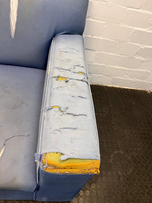 Three Seater Blue Couch with Torn Cushions and Armrest - REDUCED