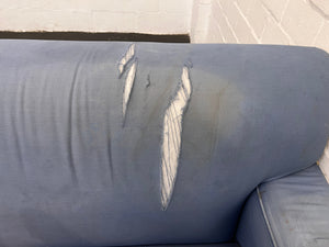 Three Seater Blue Couch with Torn Cushions and Armrest - REDUCED