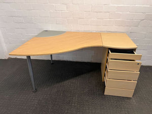 Light Brown L-Shaped Office Desk with Gray Side and Five Drawers (Width: 170cm) (Height: 74cm)