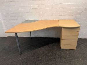 Light Brown L-Shaped Office Desk with Gray Side and Five Drawers (Width: 170cm) (Height: 74cm)