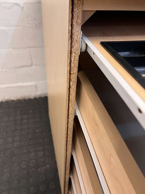 Light Brown L-Shaped Wooden Desk with Five Drawers (Very Minor Damage) (Width: 180cm) (Height: 74cm)