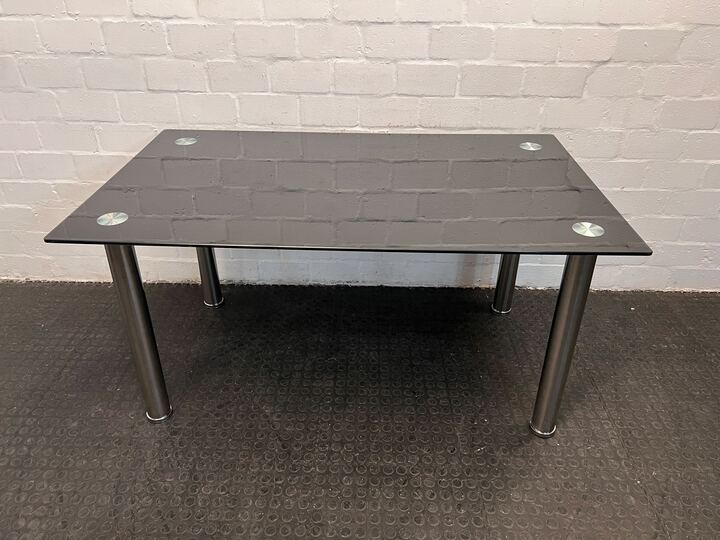 Glass Dining Room Table with Steel Legs (Width: 150cm) (Height: 74cm) - 2ndhandwarehouse.com